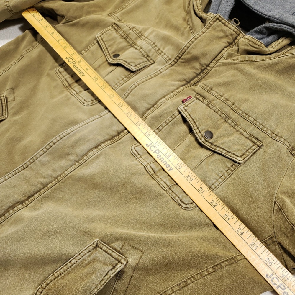 Levis Canvas Jacket Men XL Tan Sherpa Lined Zip In Hood Utility Coat Distressed - Picture 8 of 15